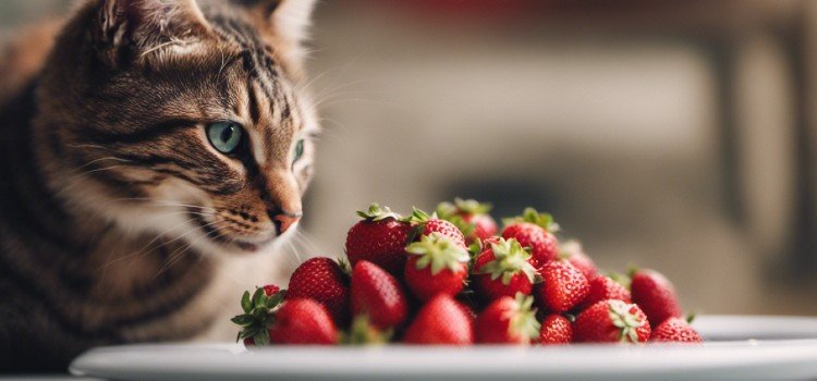 Cat is looking at strawberries