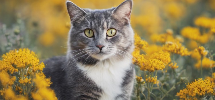 A cat and a yellow flower tree
