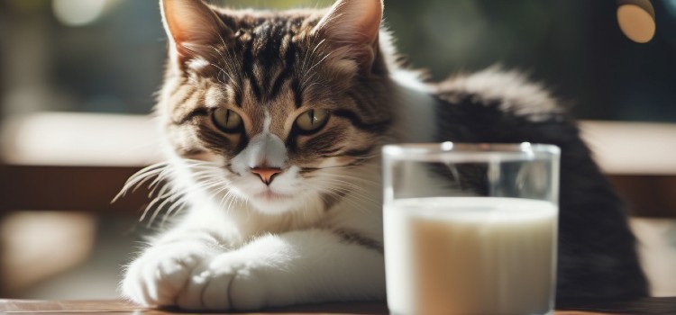 A cat is looking at a glass of milk