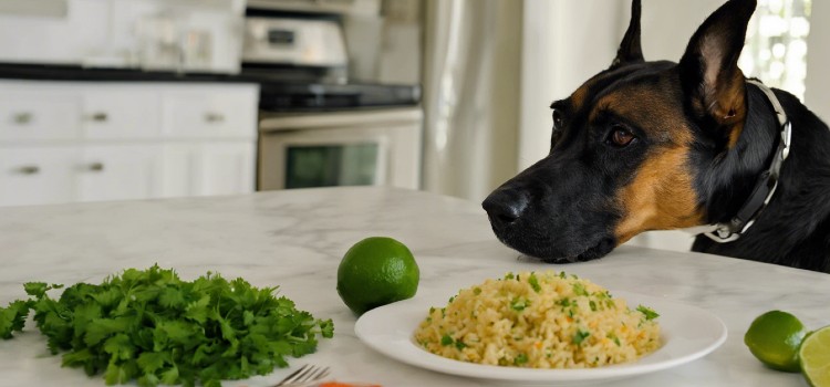 A plate of rice and a dog