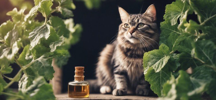 A cat and a oil bottle