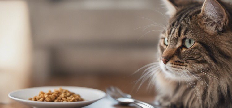 A Siberian cat is Looking at a bowl of food